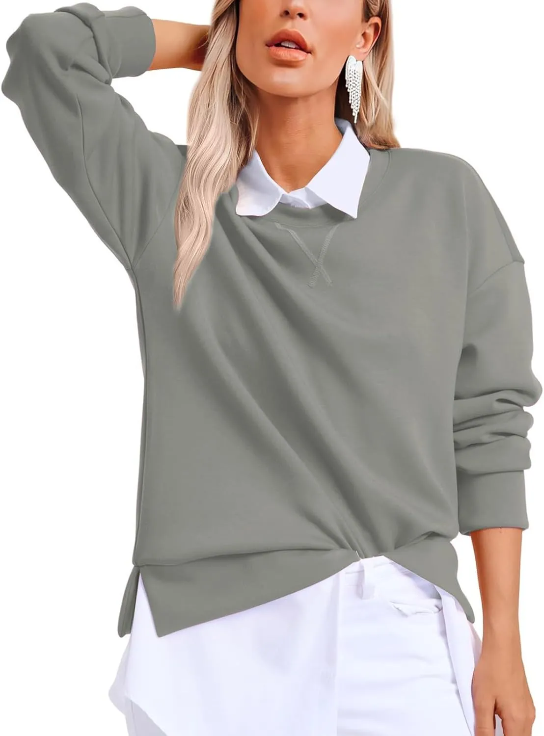 Oversized Crewneck Sweatshirt Women Side Slit Long Sleeve Fleece Pullover Tops Soft Cozy Plain Hoodie Preppy Clothes