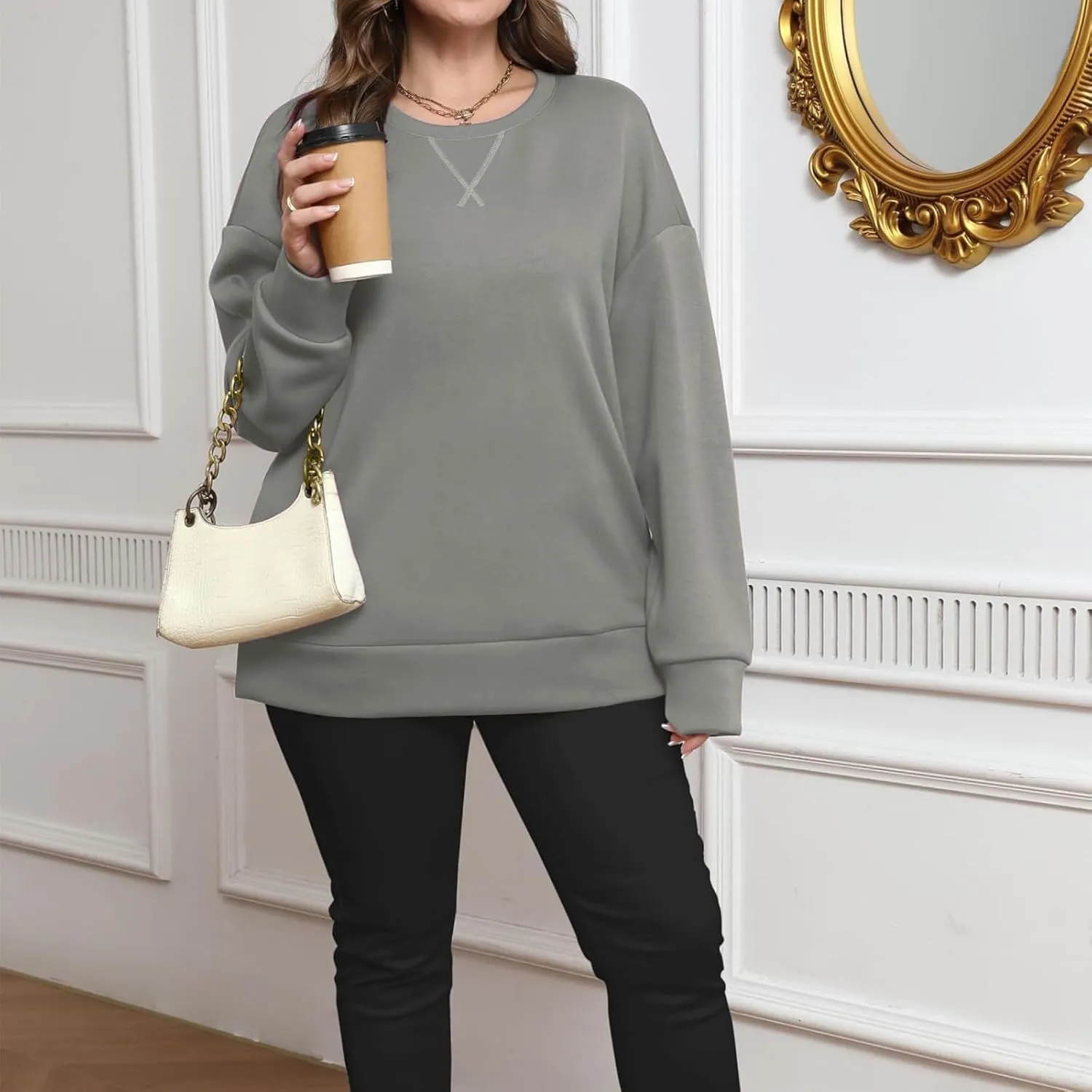 Oversized Crewneck Sweatshirt Women Side Slit Long Sleeve Fleece Pullover Tops Soft Cozy Plain Hoodie Preppy Clothes
