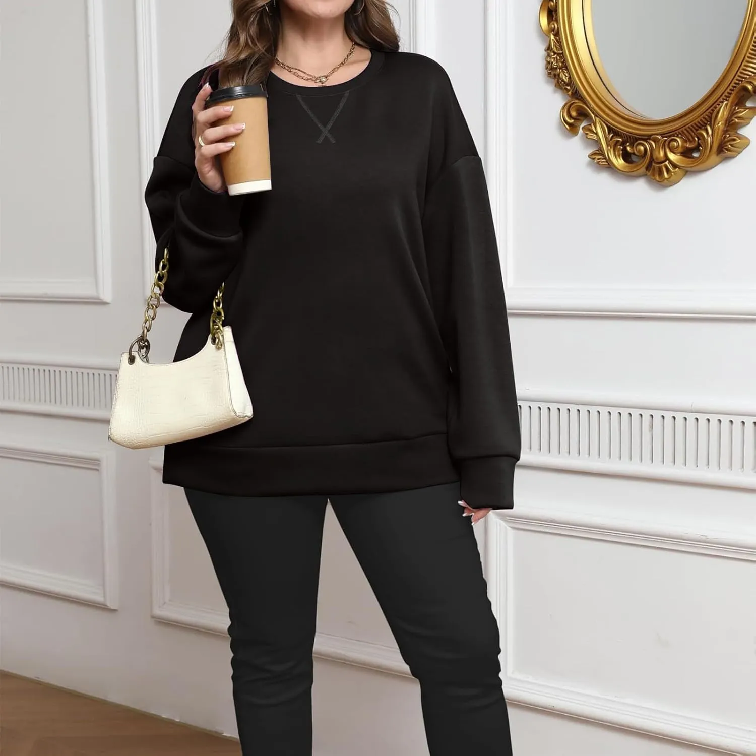 Oversized Crewneck Sweatshirt Women Side Slit Long Sleeve Fleece Pullover Tops Soft Cozy Plain Hoodie Preppy Clothes