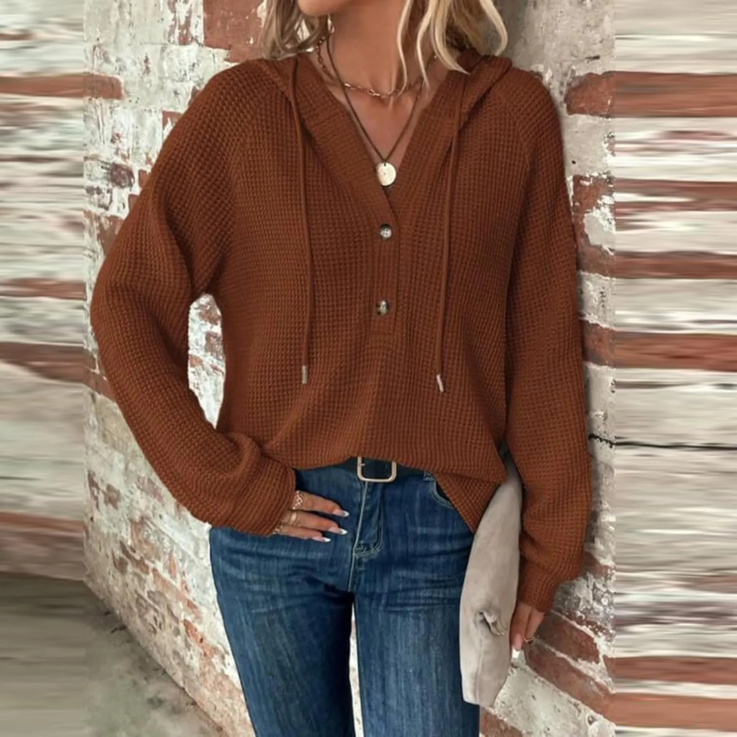 Oversized Hoodies for Women Soft V Neck Waffle Knit Hooded Sweatshirt Lightweight Fall Long Sleeve Pullover Sweaters