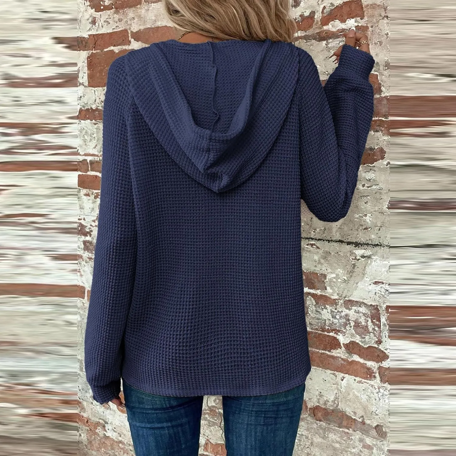 Oversized Hoodies for Women Soft V Neck Waffle Knit Hooded Sweatshirt Lightweight Fall Long Sleeve Pullover Sweaters