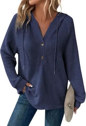 Oversized Hoodies for Women Soft V Neck Waffle Knit Hooded Sweatshirt Lightweight Fall Long Sleeve Pullover Sweaters