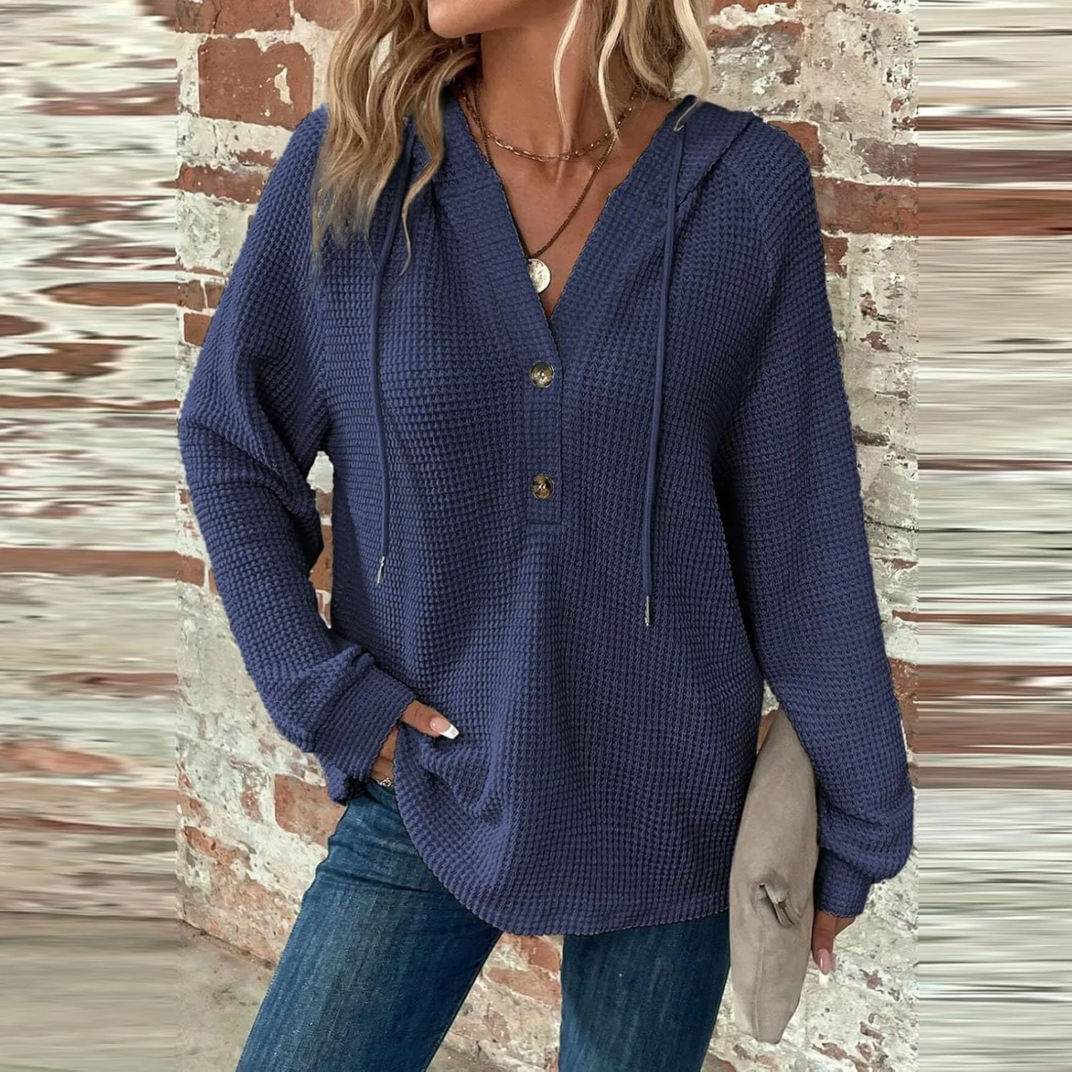 Oversized Hoodies for Women Soft V Neck Waffle Knit Hooded Sweatshirt Lightweight Fall Long Sleeve Pullover Sweaters
