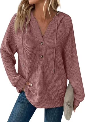 Oversized Hoodies for Women Soft V Neck Waffle Knit Hooded Sweatshirt Lightweight Fall Long Sleeve Pullover Sweaters