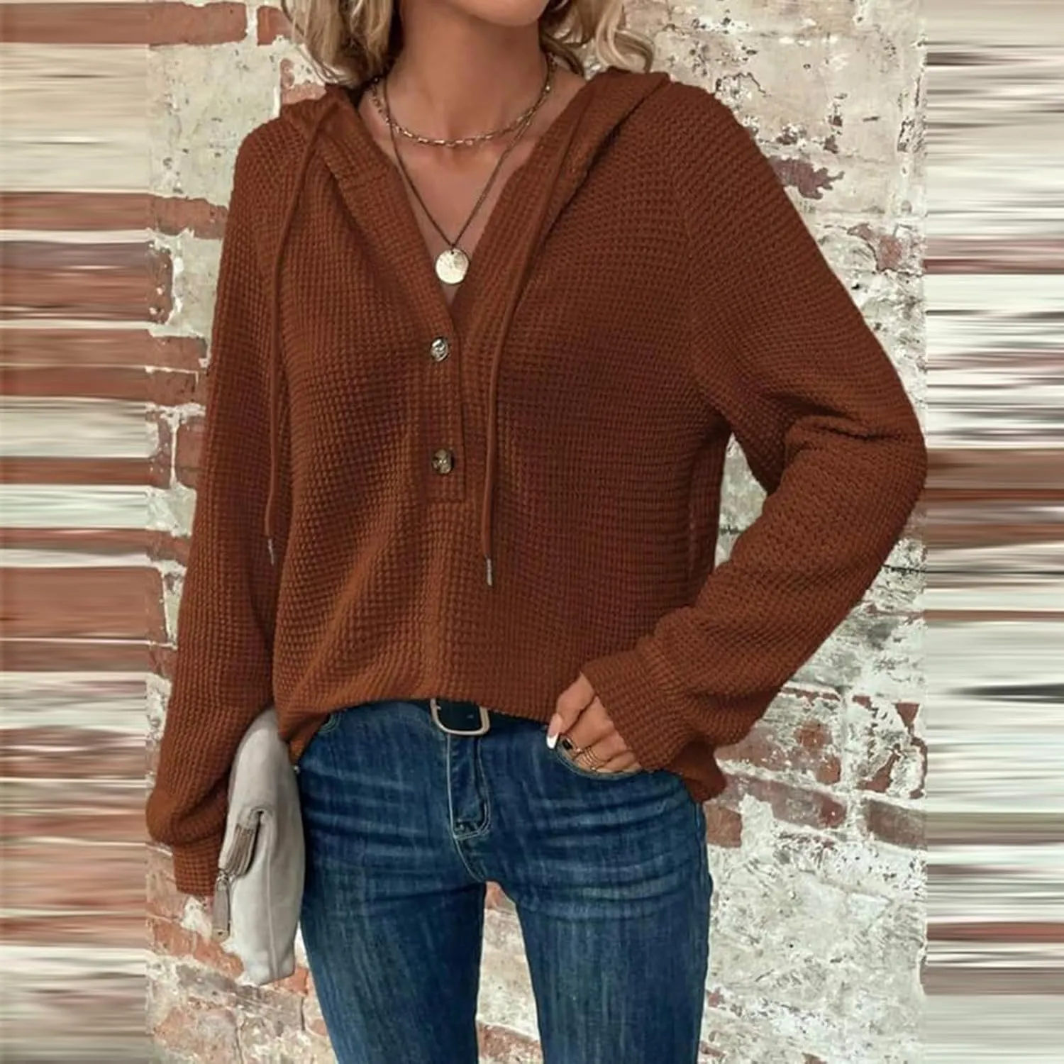 Oversized Hoodies for Women Soft V Neck Waffle Knit Hooded Sweatshirt Lightweight Fall Long Sleeve Pullover Sweaters