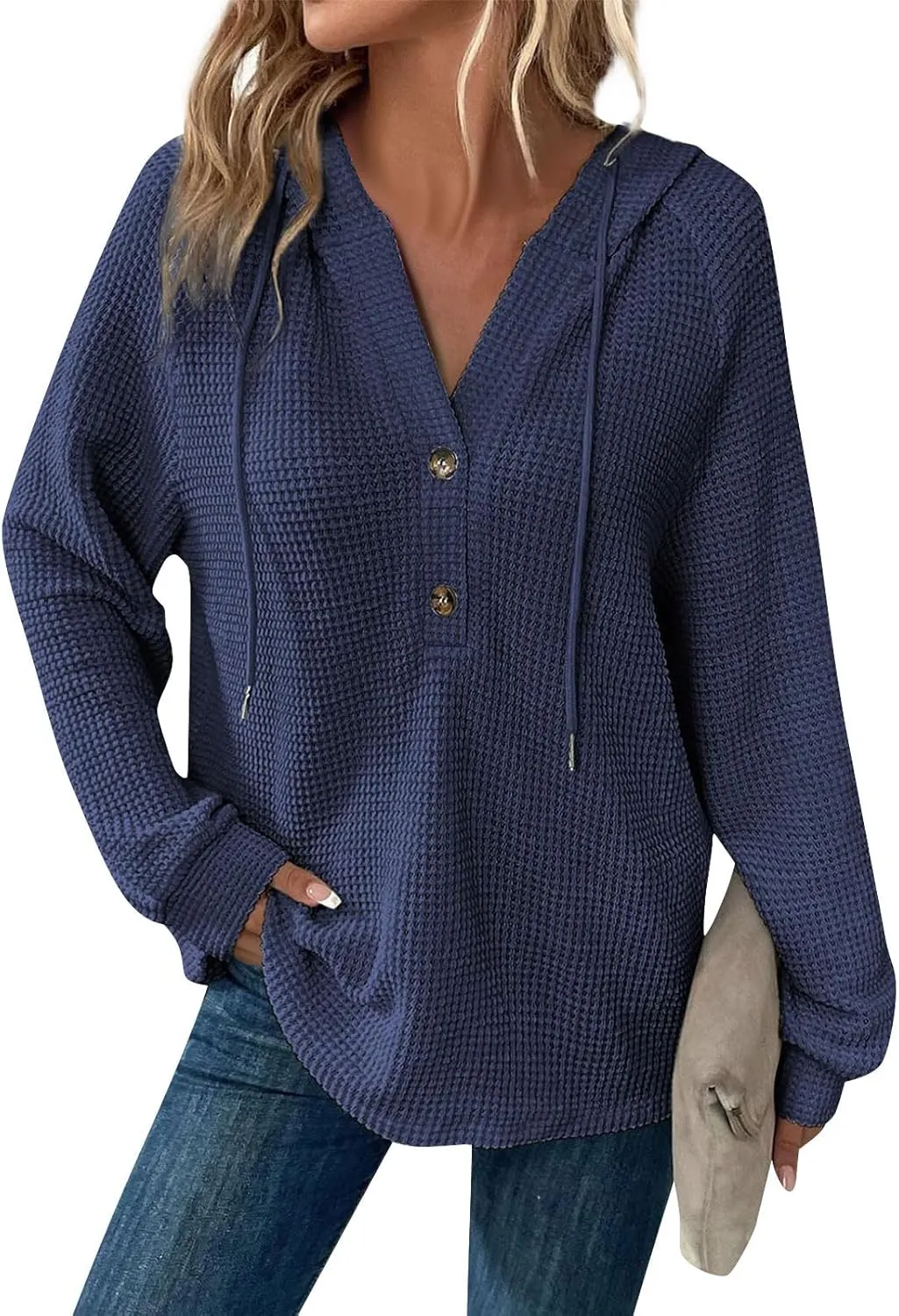 Oversized Hoodies for Women Soft V Neck Waffle Knit Hooded Sweatshirt Lightweight Fall Long Sleeve Pullover Sweaters