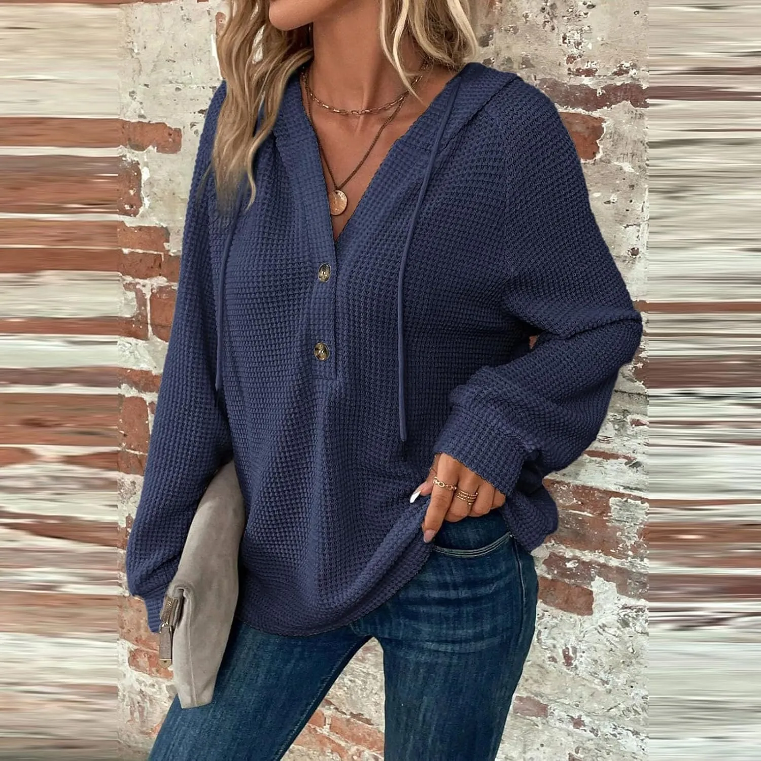 Oversized Hoodies for Women Soft V Neck Waffle Knit Hooded Sweatshirt Lightweight Fall Long Sleeve Pullover Sweaters