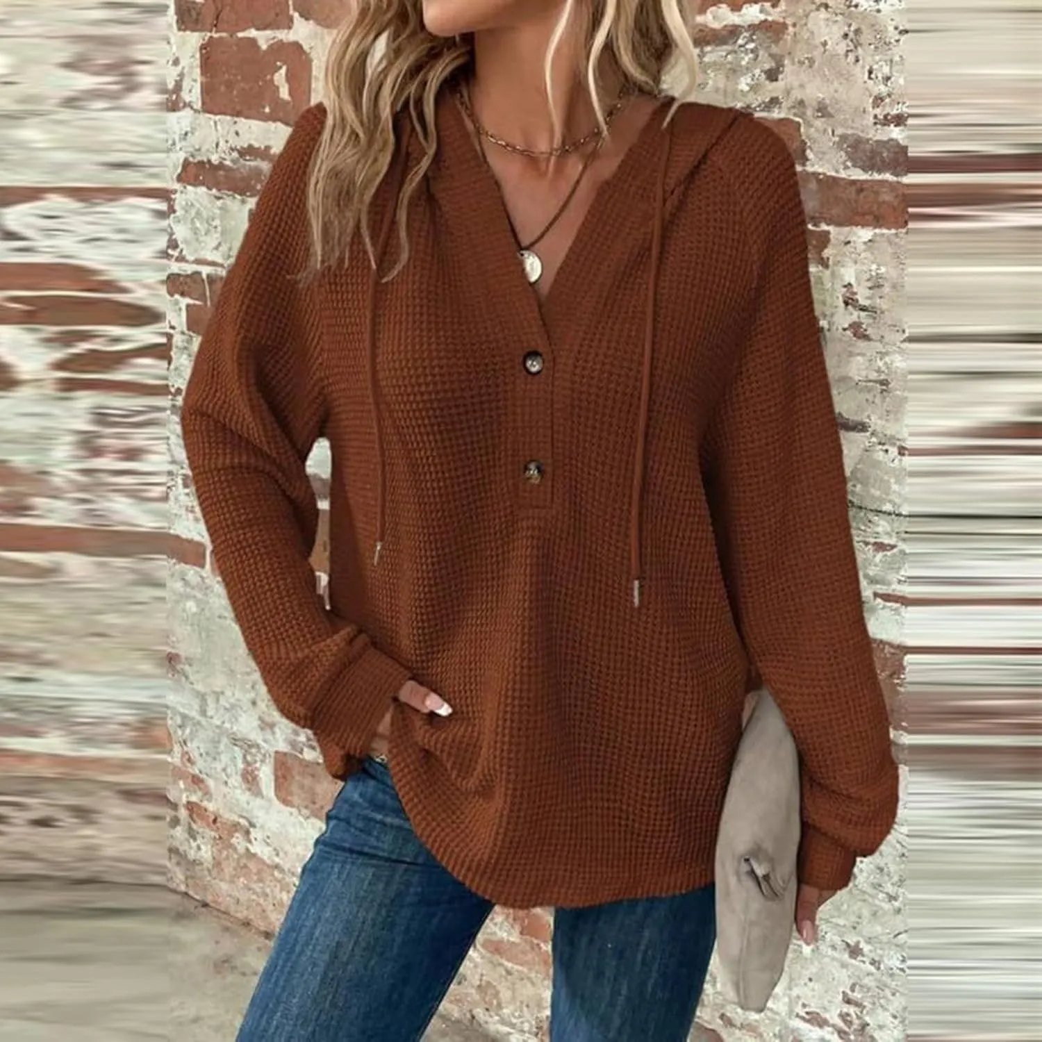 Oversized Hoodies for Women Soft V Neck Waffle Knit Hooded Sweatshirt Lightweight Fall Long Sleeve Pullover Sweaters
