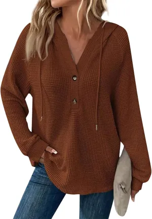 Oversized Hoodies for Women Soft V Neck Waffle Knit Hooded Sweatshirt Lightweight Fall Long Sleeve Pullover Sweaters