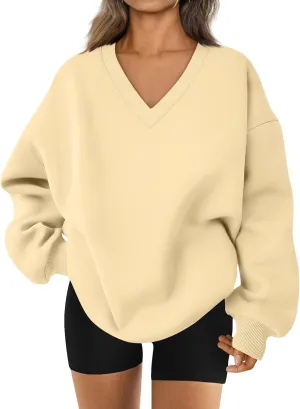 Oversized Sweatshirt For Women,2024 Trendy V Neck Soft Fleece Preppy Sweatshirt Long Sleeve Pullover Fall Clothes