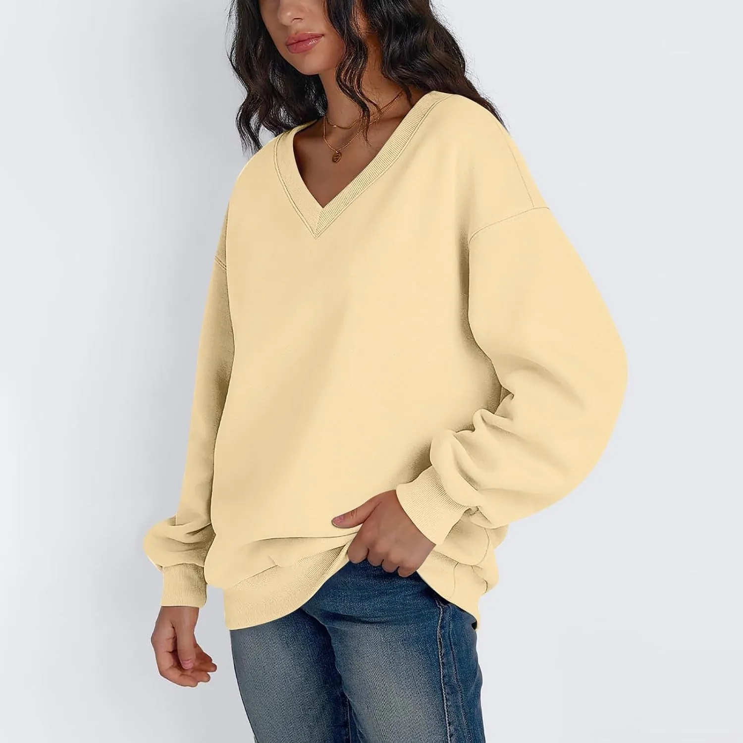 Oversized Sweatshirt For Women,2024 Trendy V Neck Soft Fleece Preppy Sweatshirt Long Sleeve Pullover Fall Clothes