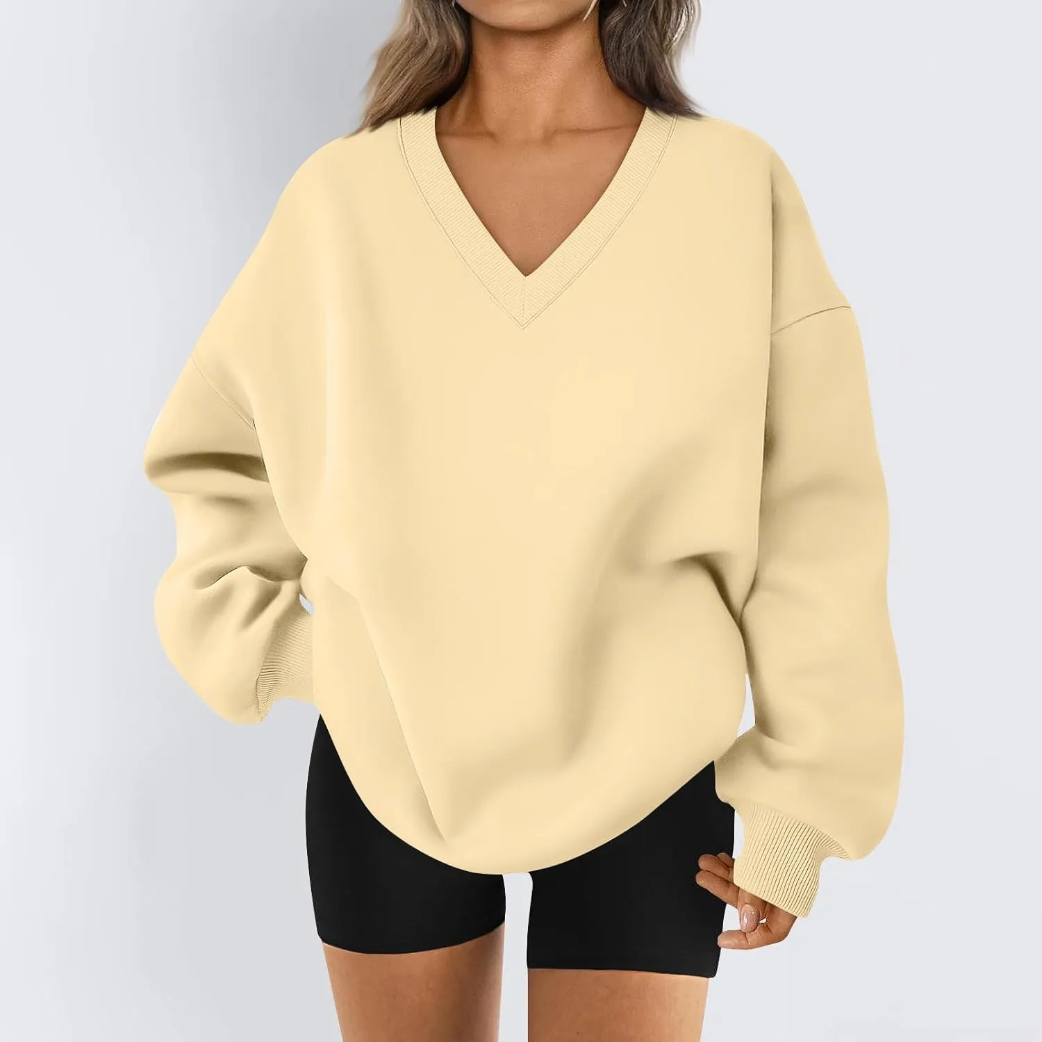 Oversized Sweatshirt For Women,2024 Trendy V Neck Soft Fleece Preppy Sweatshirt Long Sleeve Pullover Fall Clothes