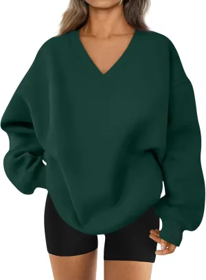 Oversized Sweatshirt For Women,2024 Trendy V Neck Soft Fleece Preppy Sweatshirt Long Sleeve Pullover Fall Clothes