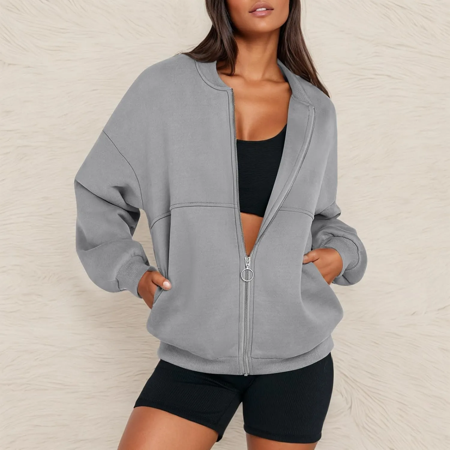 Oversized Zip Up Sweatshirt Women Fleece Bomber Zip Up Jacket Casual Teen Girls Athletic Sweat Jackets with Pockets