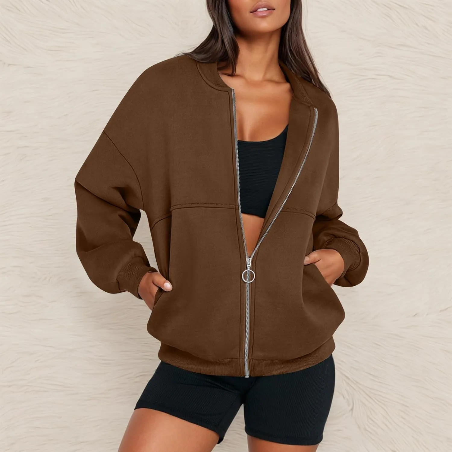 Oversized Zip Up Sweatshirt Women Fleece Bomber Zip Up Jacket Casual Teen Girls Athletic Sweat Jackets with Pockets