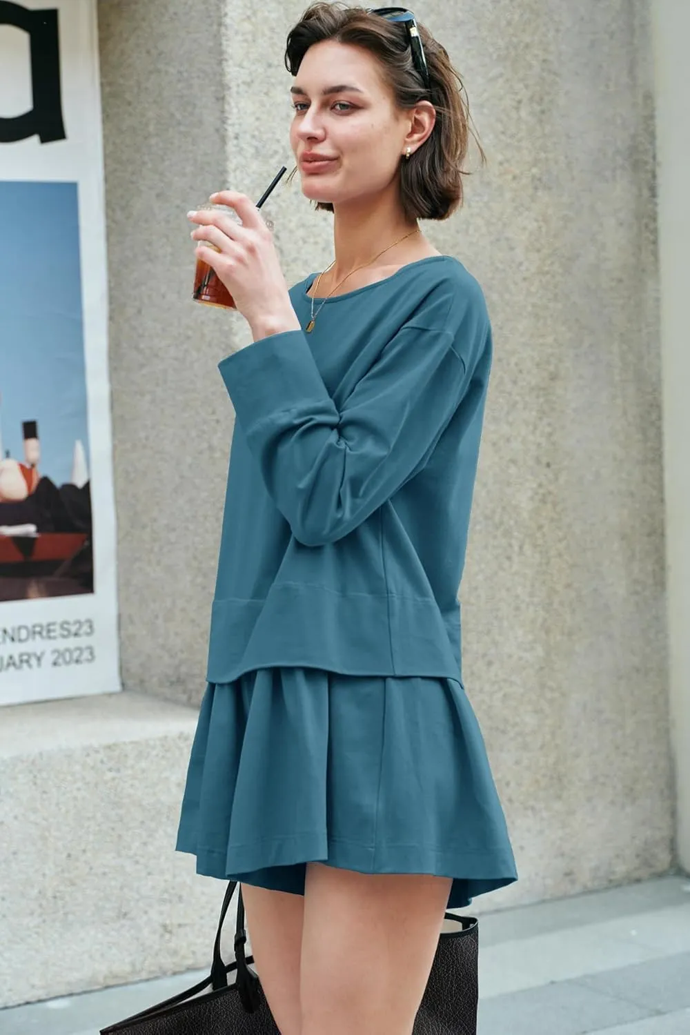 Panadila Womens Long Sleeve Short Romper Dresses Crewneck Oversized One Piece Jumpsuit Open Back Layered Casual Outfit