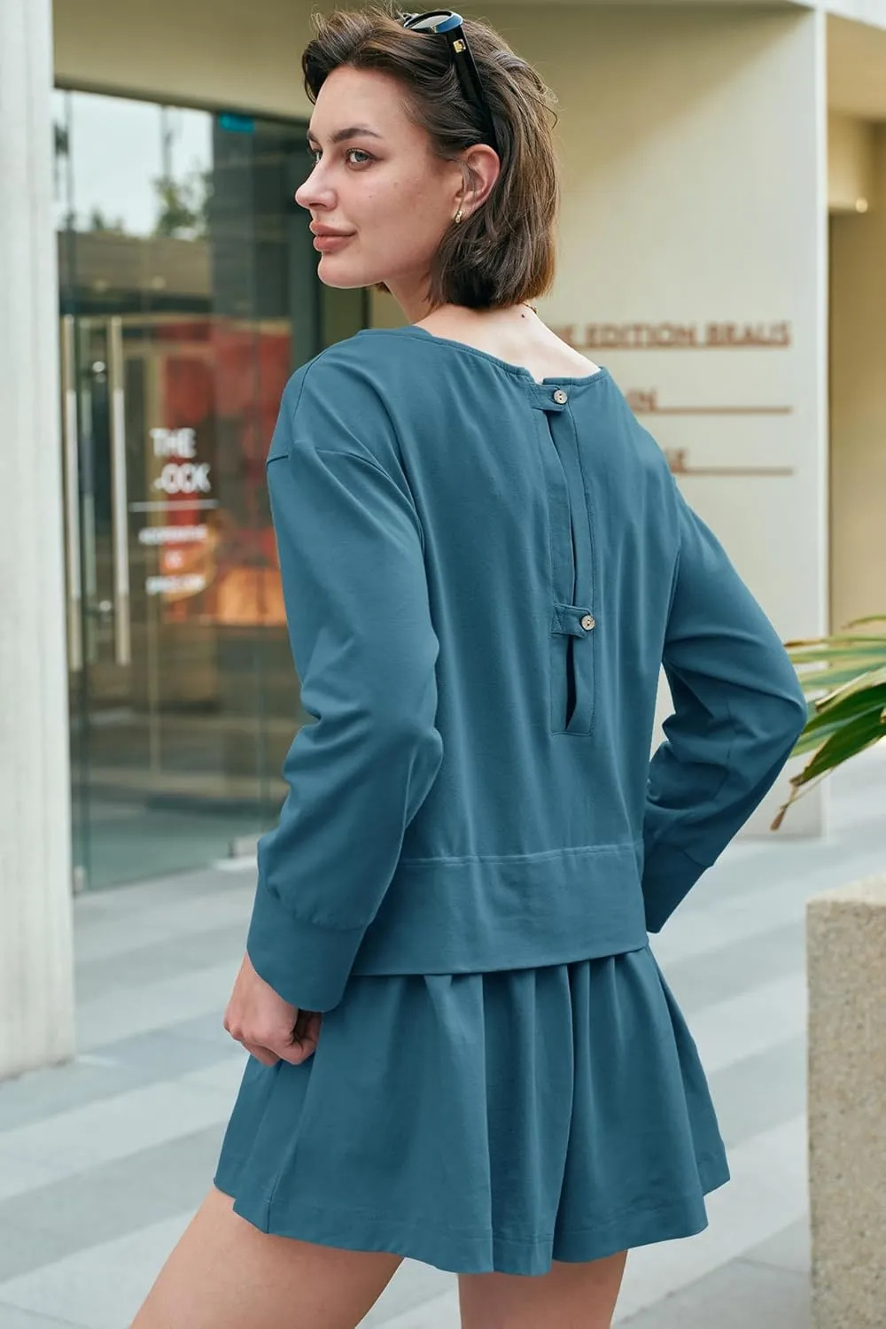 Panadila Womens Long Sleeve Short Romper Dresses Crewneck Oversized One Piece Jumpsuit Open Back Layered Casual Outfit