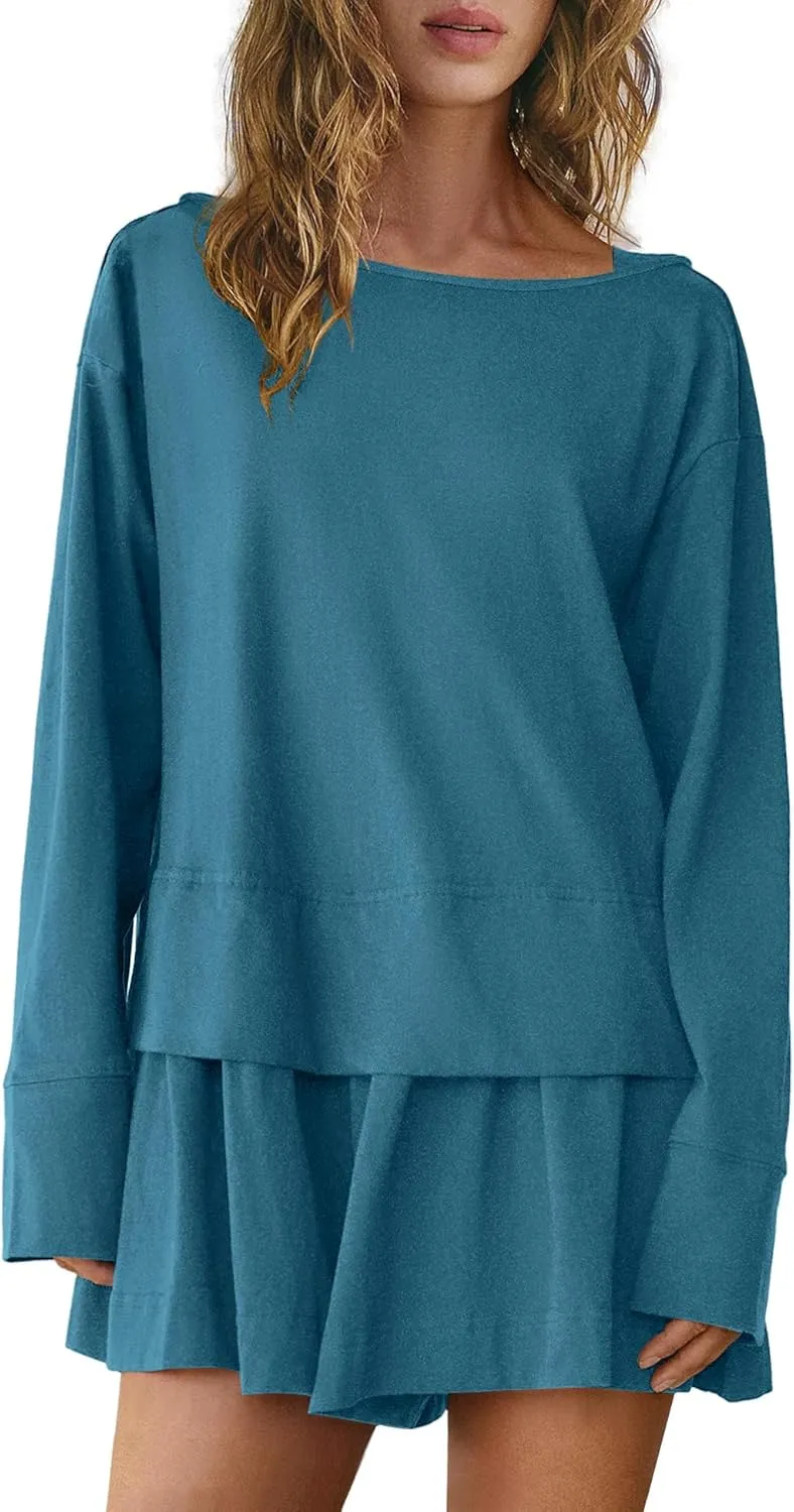 Panadila Womens Long Sleeve Short Romper Dresses Crewneck Oversized One Piece Jumpsuit Open Back Layered Casual Outfit