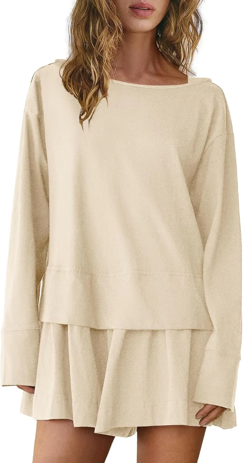 Panadila Womens Long Sleeve Short Romper Dresses Crewneck Oversized One Piece Jumpsuit Open Back Layered Casual Outfit