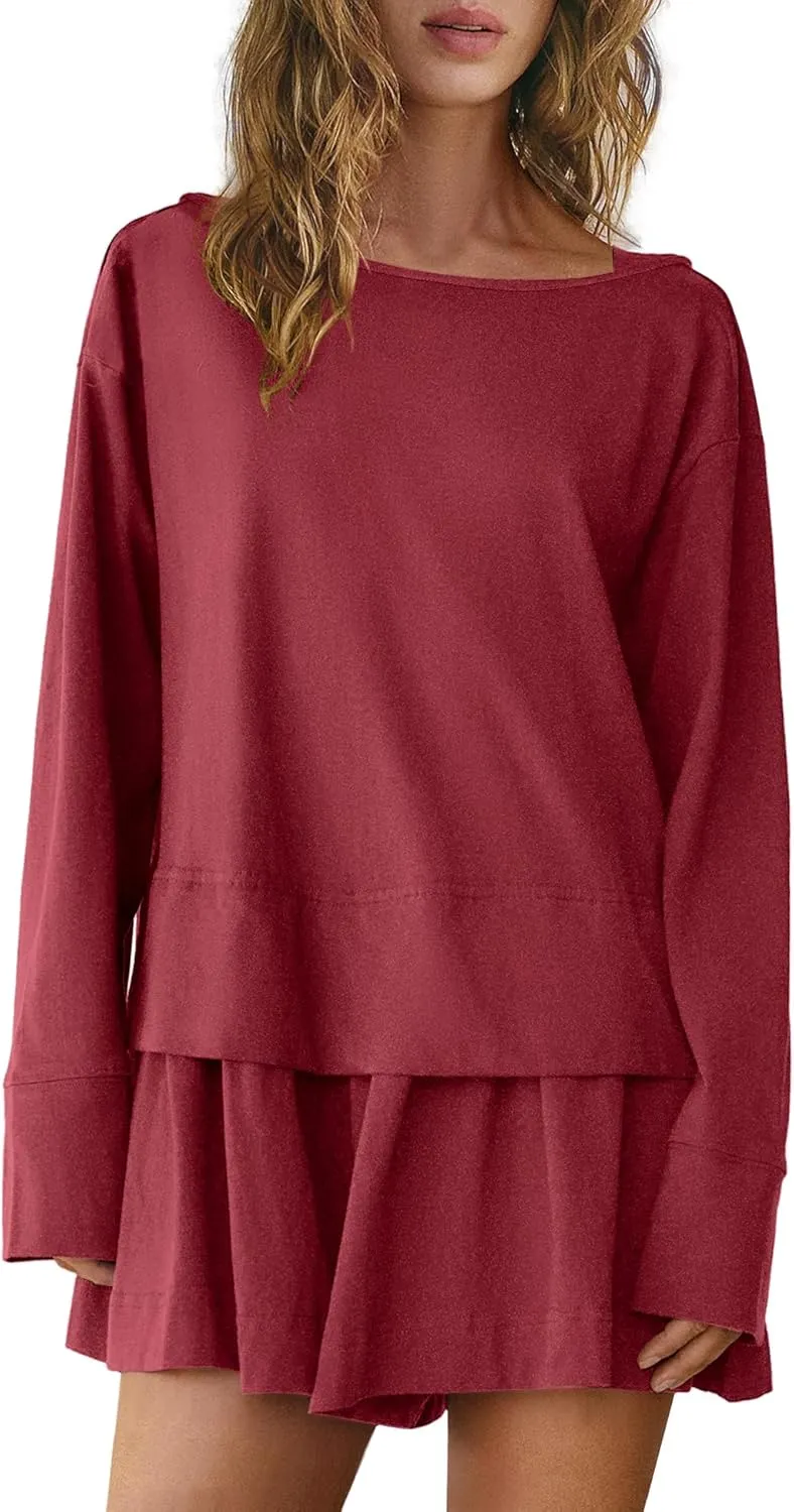 Panadila Womens Long Sleeve Short Romper Dresses Crewneck Oversized One Piece Jumpsuit Open Back Layered Casual Outfit