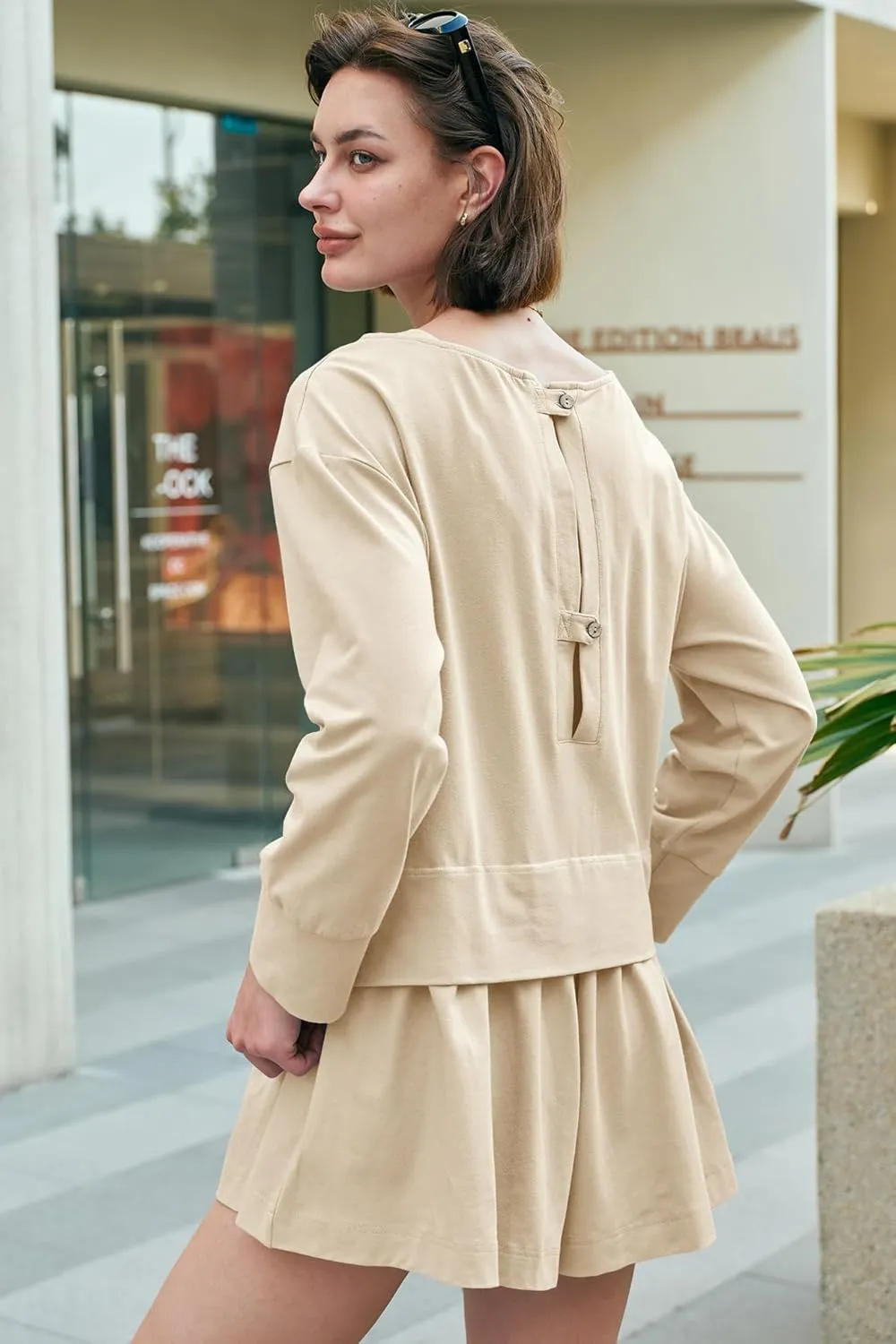 Panadila Womens Long Sleeve Short Romper Dresses Crewneck Oversized One Piece Jumpsuit Open Back Layered Casual Outfit