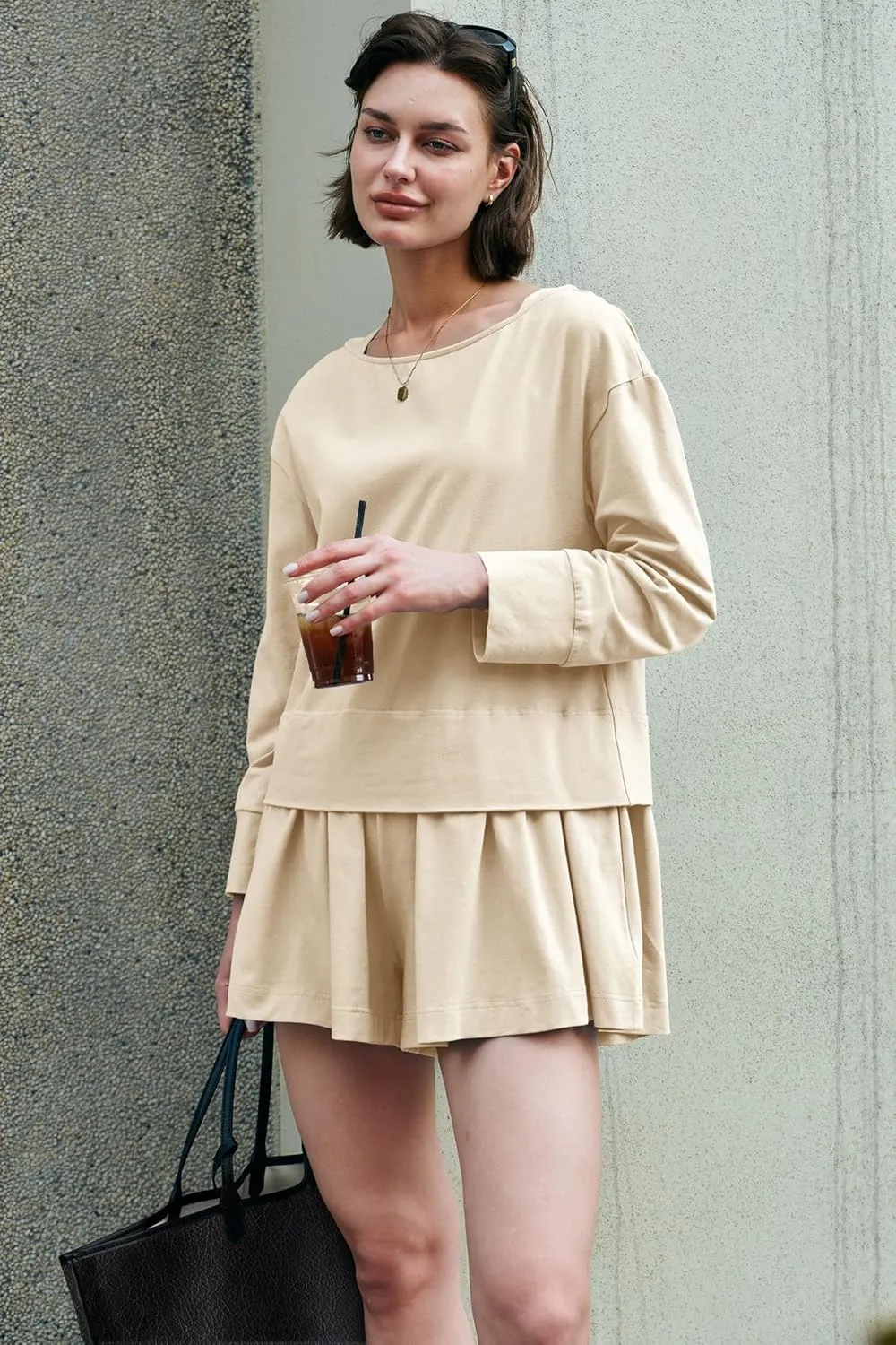 Panadila Womens Long Sleeve Short Romper Dresses Crewneck Oversized One Piece Jumpsuit Open Back Layered Casual Outfit