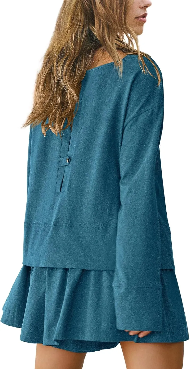 Panadila Womens Long Sleeve Short Romper Dresses Crewneck Oversized One Piece Jumpsuit Open Back Layered Casual Outfit