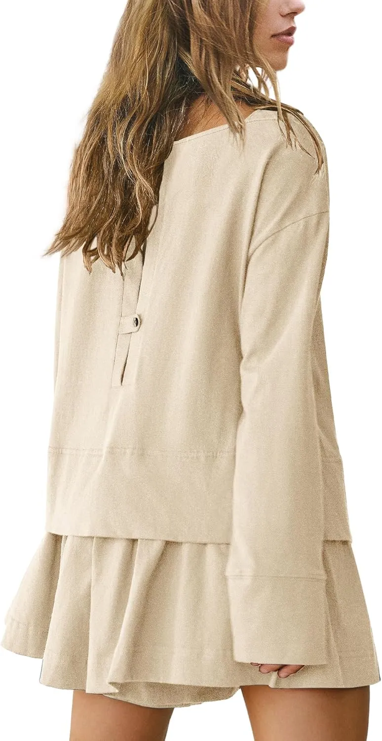 Panadila Womens Long Sleeve Short Romper Dresses Crewneck Oversized One Piece Jumpsuit Open Back Layered Casual Outfit