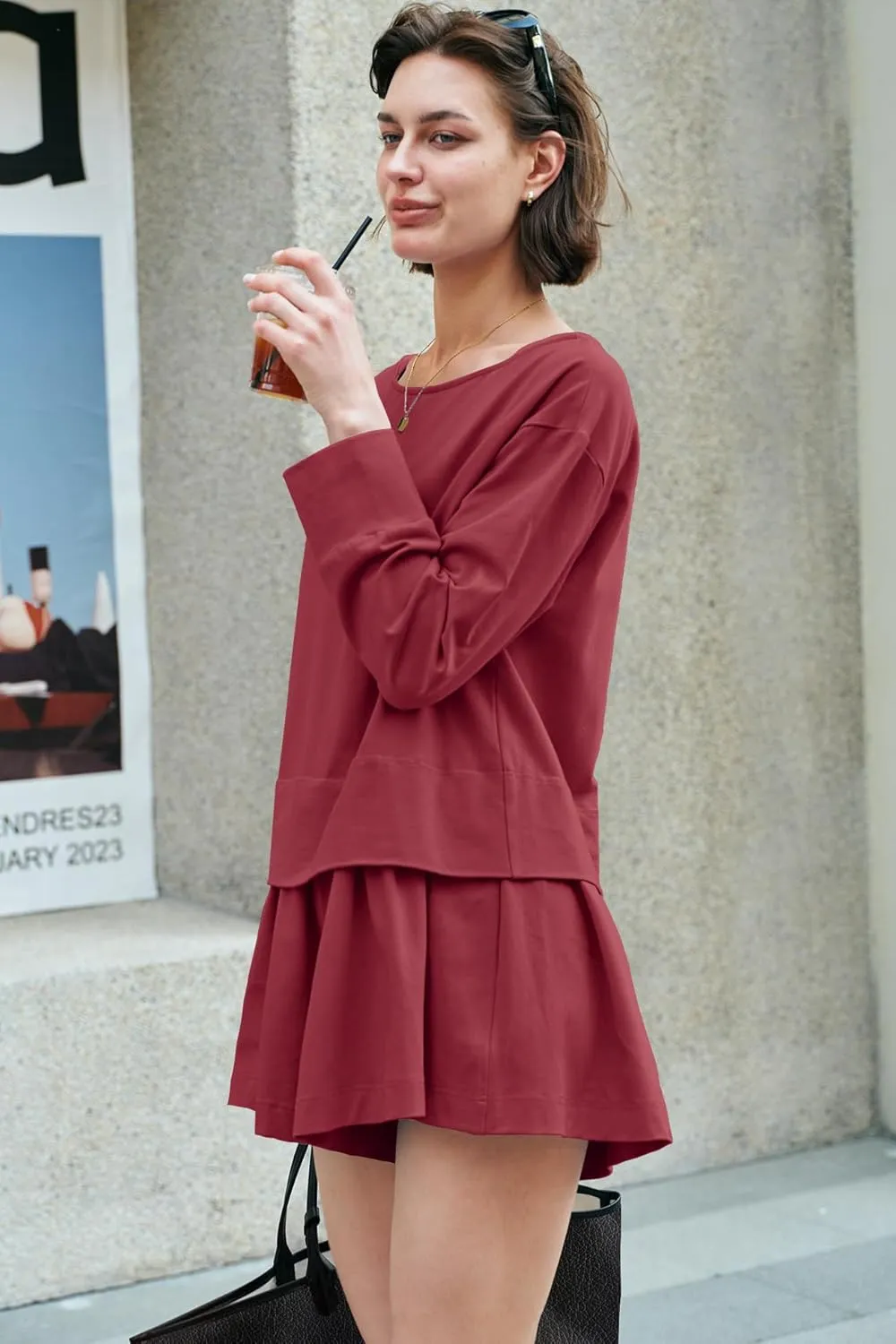 Panadila Womens Long Sleeve Short Romper Dresses Crewneck Oversized One Piece Jumpsuit Open Back Layered Casual Outfit
