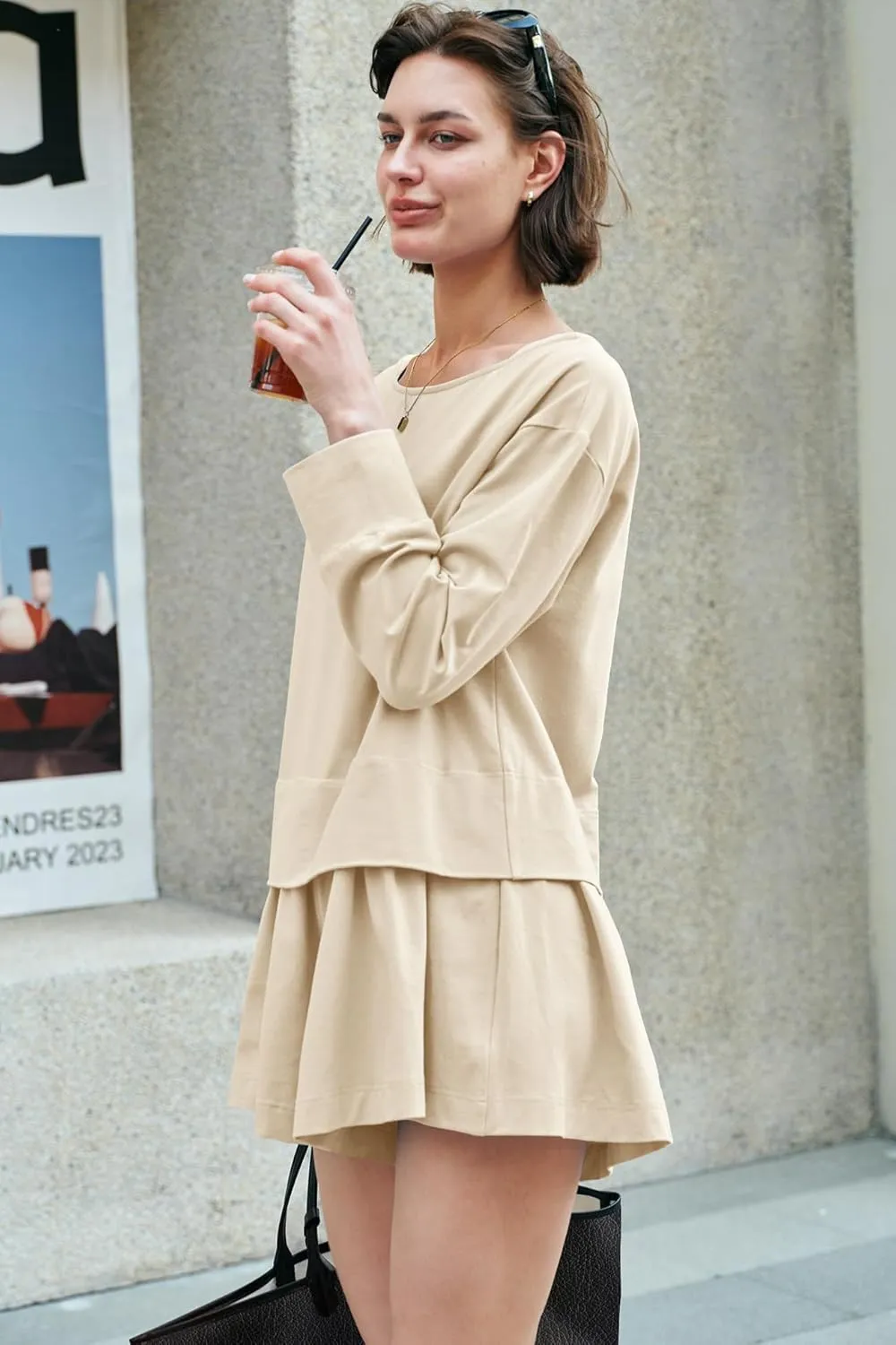 Panadila Womens Long Sleeve Short Romper Dresses Crewneck Oversized One Piece Jumpsuit Open Back Layered Casual Outfit