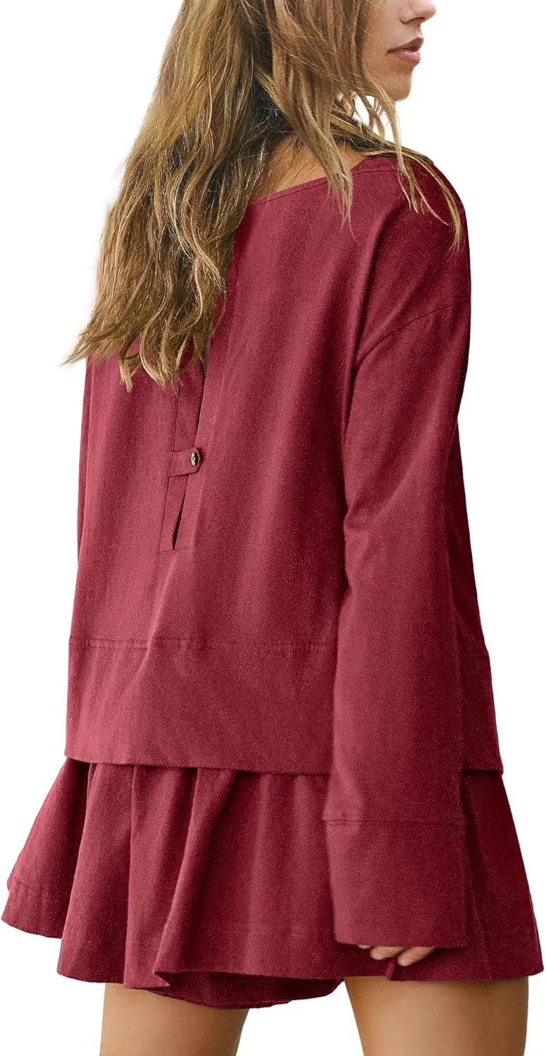 Panadila Womens Long Sleeve Short Romper Dresses Crewneck Oversized One Piece Jumpsuit Open Back Layered Casual Outfit