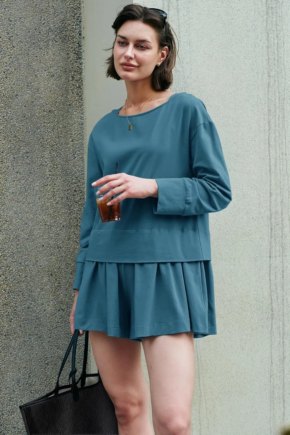 Panadila Womens Long Sleeve Short Romper Dresses Crewneck Oversized One Piece Jumpsuit Open Back Layered Casual Outfit