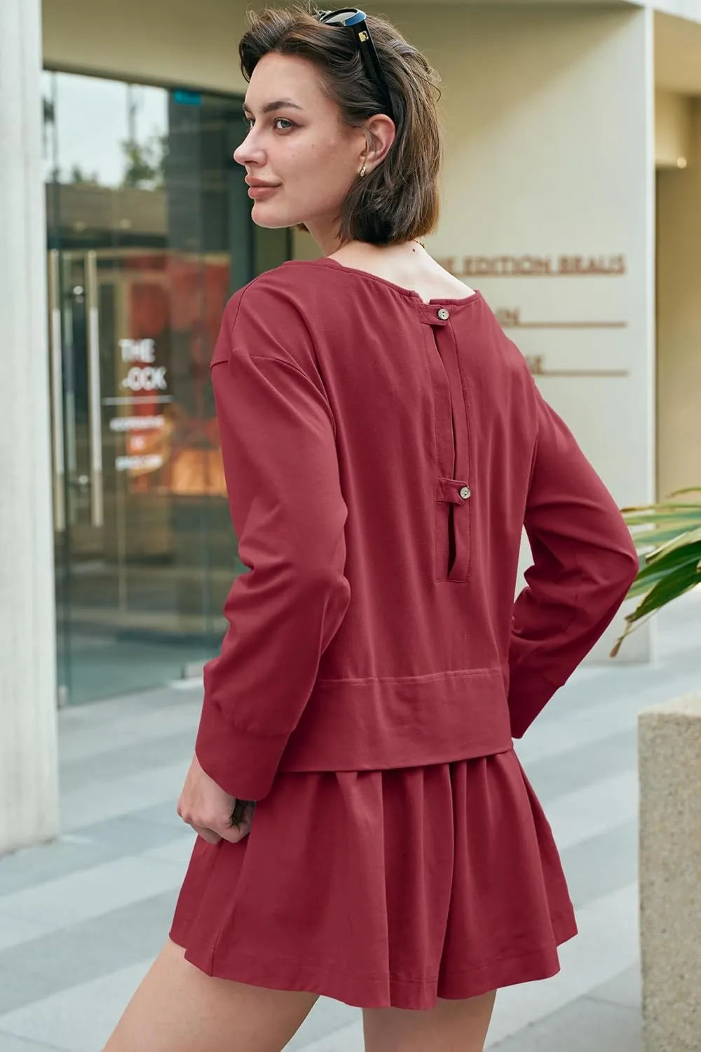 Panadila Womens Long Sleeve Short Romper Dresses Crewneck Oversized One Piece Jumpsuit Open Back Layered Casual Outfit
