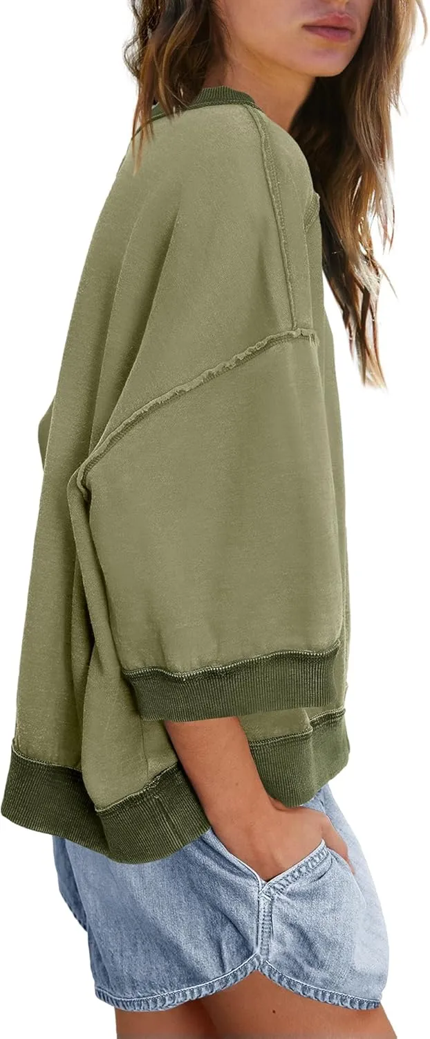 Panadila Womens Oversized Short Sleeve Sweatshirt Crewneck 3/4 Sleeve Tops Summer Cute Color Block Pullover Sweatshirt