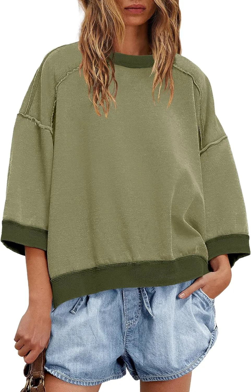 Panadila Womens Oversized Short Sleeve Sweatshirt Crewneck 3/4 Sleeve Tops Summer Cute Color Block Pullover Sweatshirt