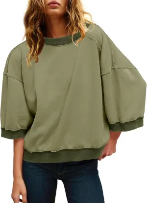 Panadila Womens Oversized Short Sleeve Sweatshirt Crewneck 3/4 Sleeve Tops Summer Cute Color Block Pullover Sweatshirt