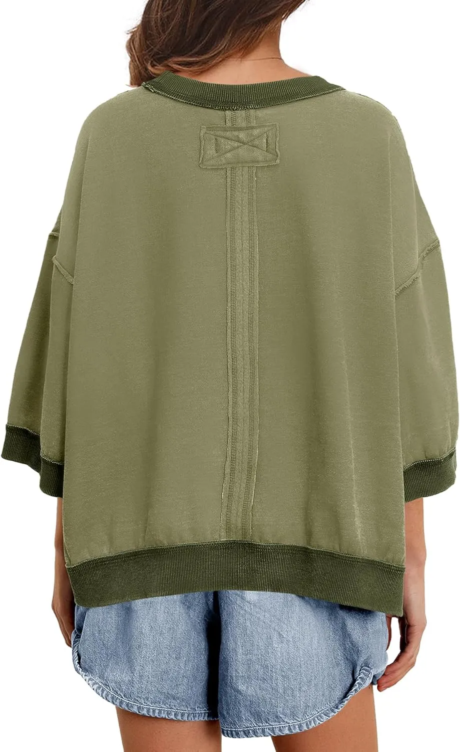 Panadila Womens Oversized Short Sleeve Sweatshirt Crewneck 3/4 Sleeve Tops Summer Cute Color Block Pullover Sweatshirt