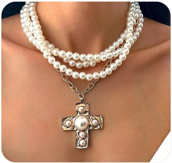 Pearl Cross Necklaces for Women,Chunky Crucifix Pendant Pearl Layered Necklaces Stack Y2k Statement Necklace,Gothic Jewelry Accessories Baptism Gifts