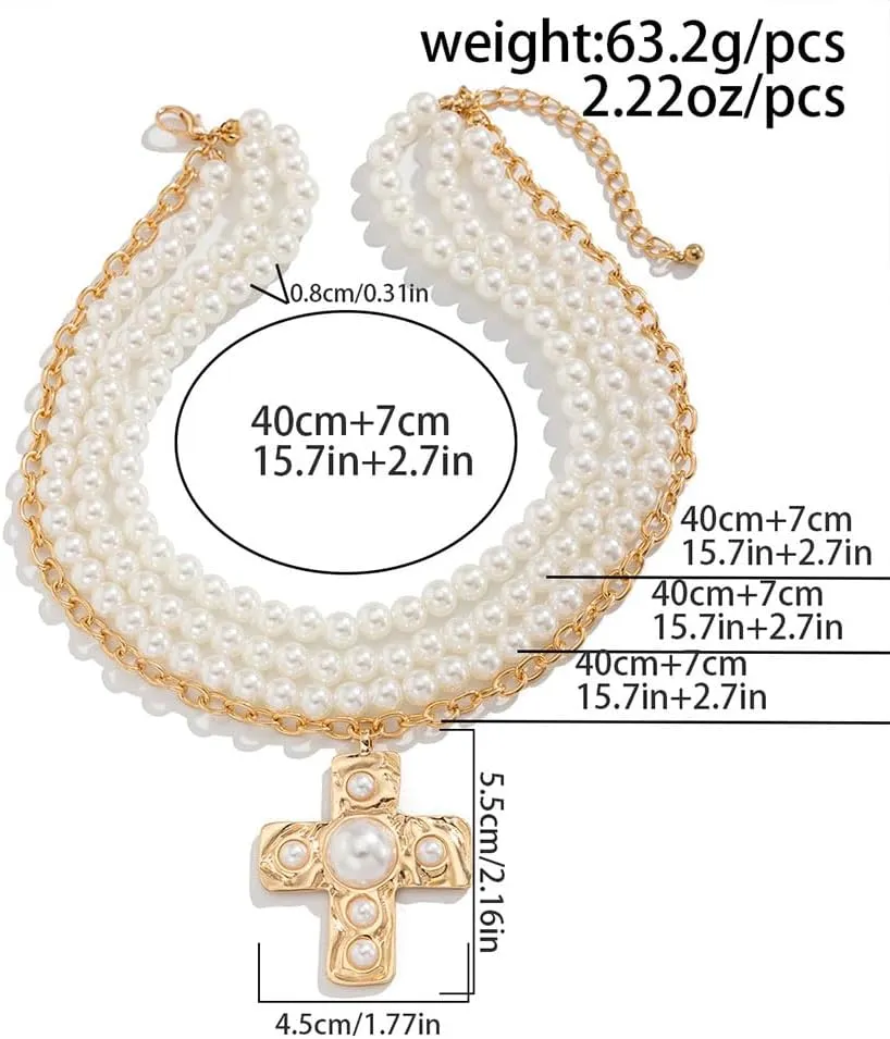 Pearl Cross Necklaces for Women,Chunky Crucifix Pendant Pearl Layered Necklaces Stack Y2k Statement Necklace,Gothic Jewelry Accessories Baptism Gifts