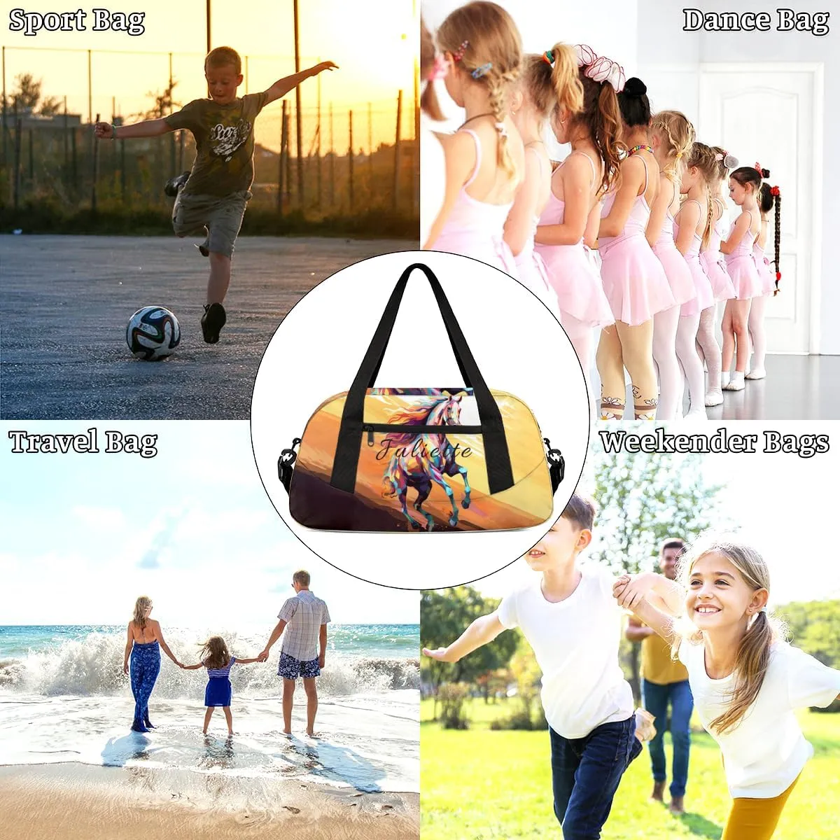 Personalized Duffel Bags Custom Travel Colorful Horse Animal Sports Carry On Gym Bag Cheerful Cheer Bags Weekender Bag Overnight Christmas Gift Bag for kids
