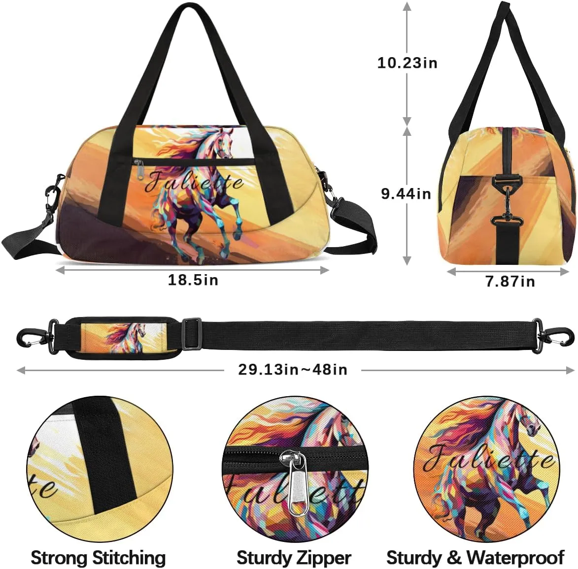 Personalized Duffel Bags Custom Travel Colorful Horse Animal Sports Carry On Gym Bag Cheerful Cheer Bags Weekender Bag Overnight Christmas Gift Bag for kids