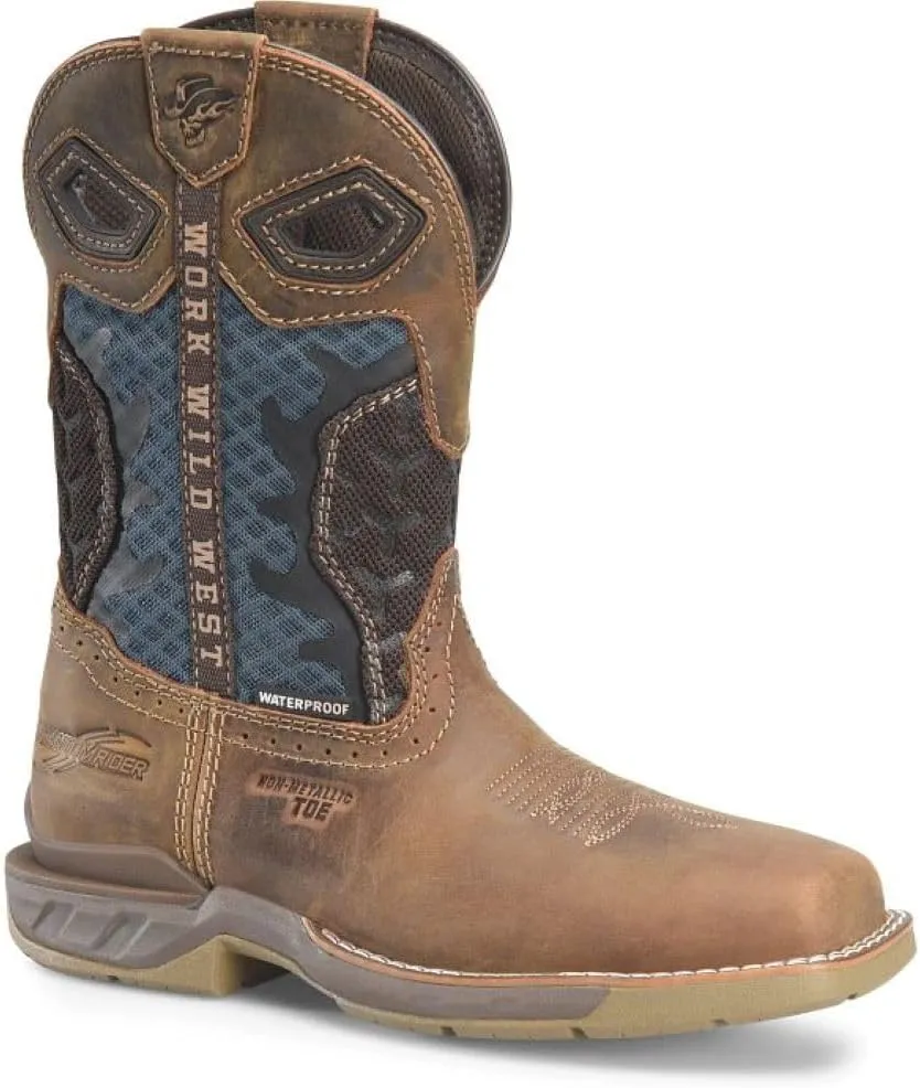 PHANTOM RIDER Women's Watcher 10 Waterproof Wide Square Composite Toe Roper Boots with Thomas Brown Leather and Blue Textile and TPU Quarter