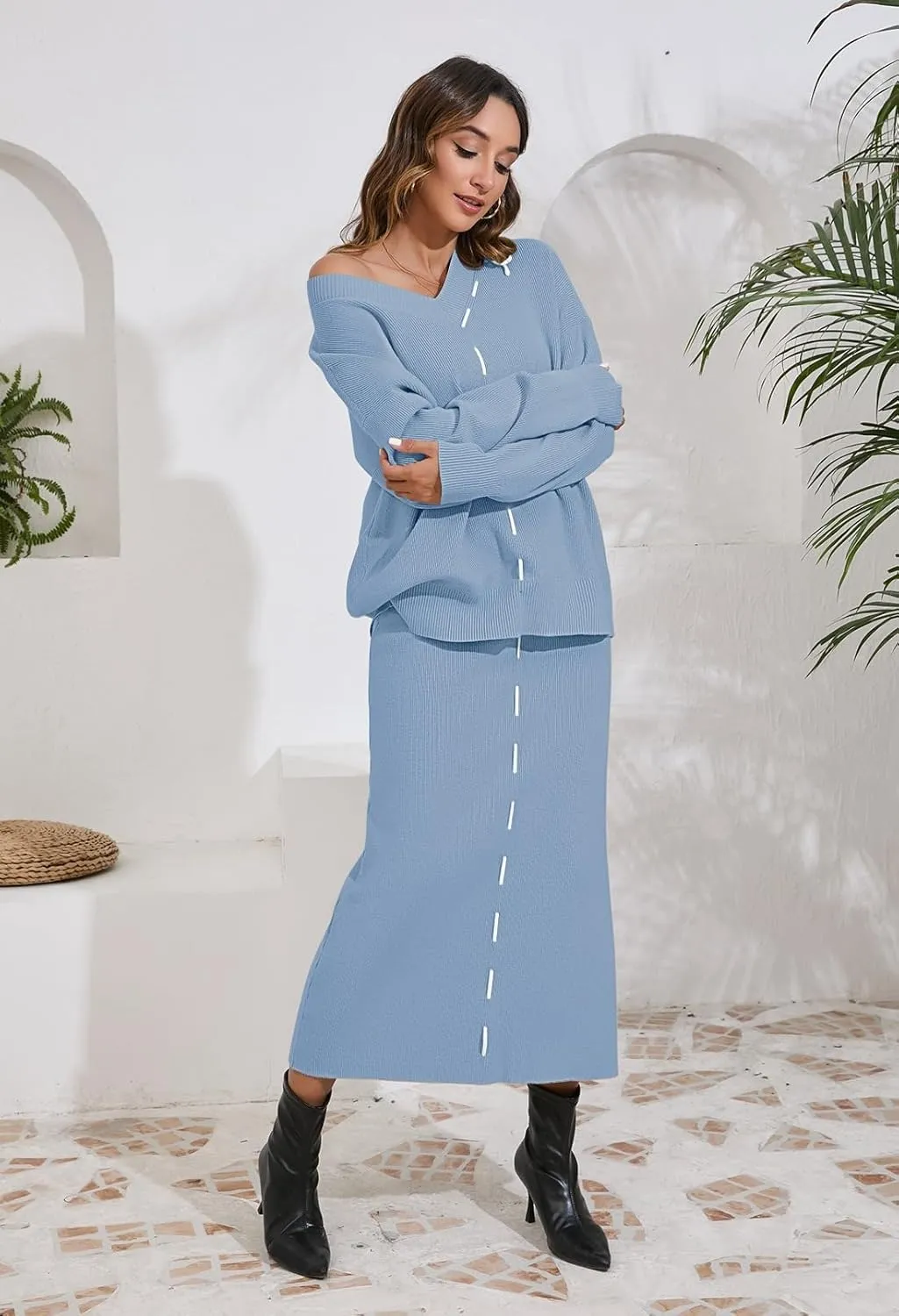 Pink Queen 2024 Women's 2 Piece Sweater Set V Neck Rib Knit Long Sleeve Maxi Bodycon Skirt Casual Outfits