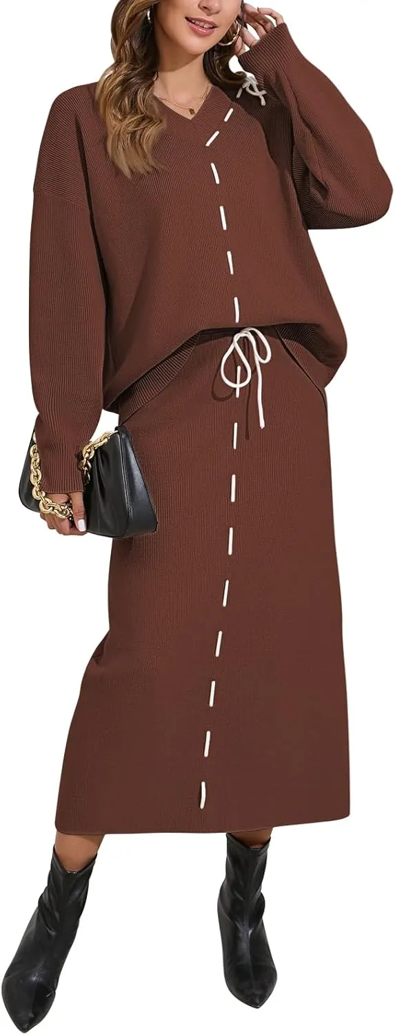 Pink Queen 2024 Women's 2 Piece Sweater Set V Neck Rib Knit Long Sleeve Maxi Bodycon Skirt Casual Outfits