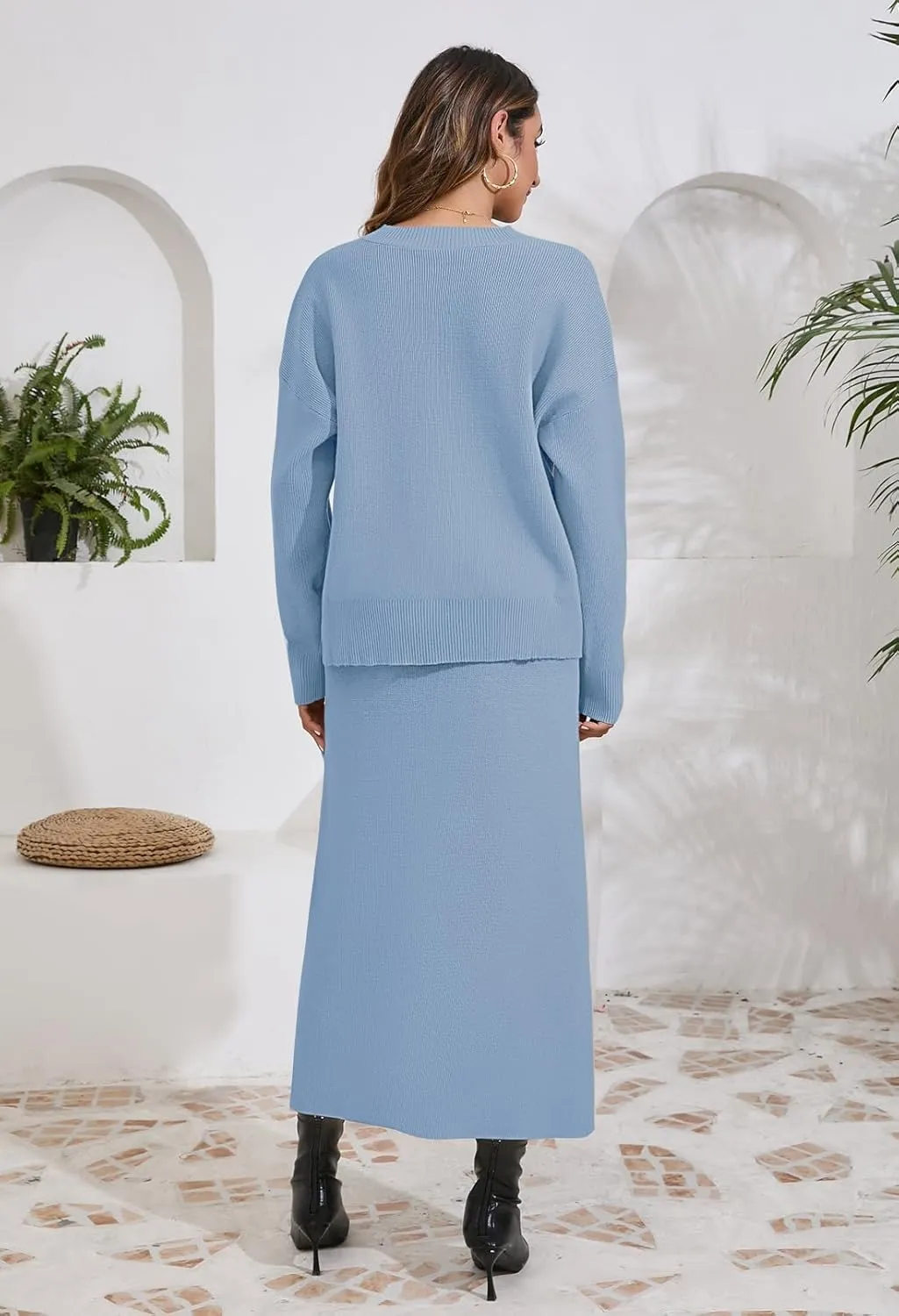 Pink Queen 2024 Women's 2 Piece Sweater Set V Neck Rib Knit Long Sleeve Maxi Bodycon Skirt Casual Outfits