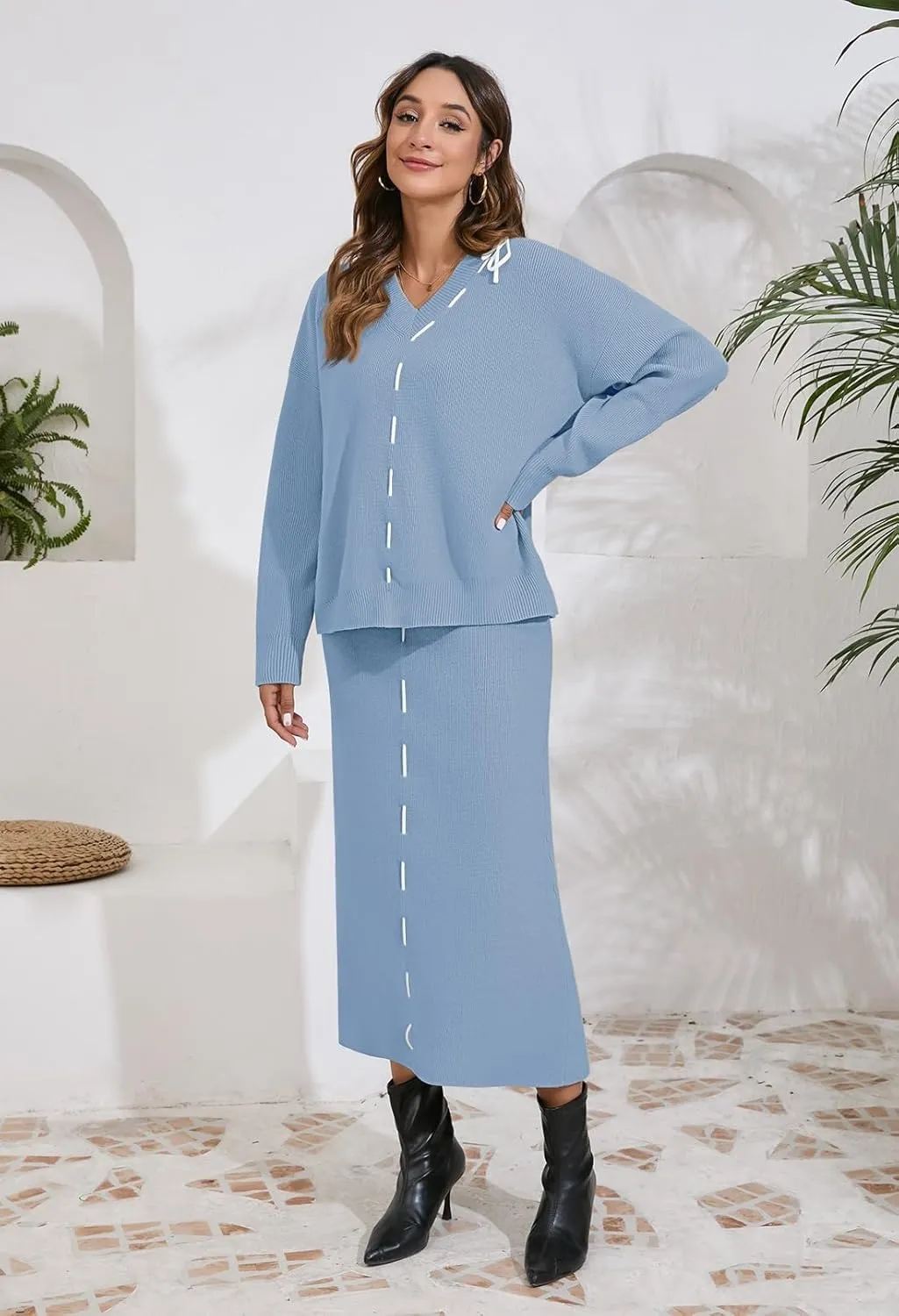 Pink Queen 2024 Women's 2 Piece Sweater Set V Neck Rib Knit Long Sleeve Maxi Bodycon Skirt Casual Outfits