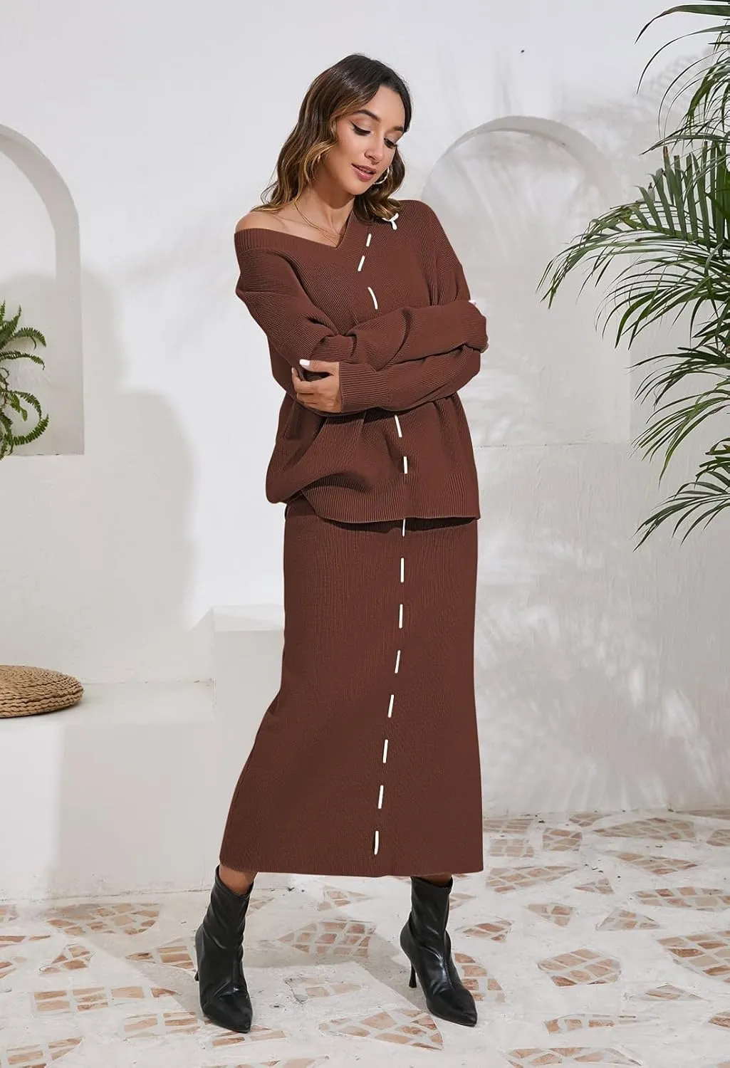 Pink Queen 2024 Women's 2 Piece Sweater Set V Neck Rib Knit Long Sleeve Maxi Bodycon Skirt Casual Outfits
