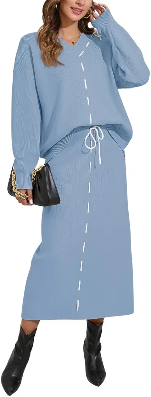 Pink Queen 2024 Women's 2 Piece Sweater Set V Neck Rib Knit Long Sleeve Maxi Bodycon Skirt Casual Outfits