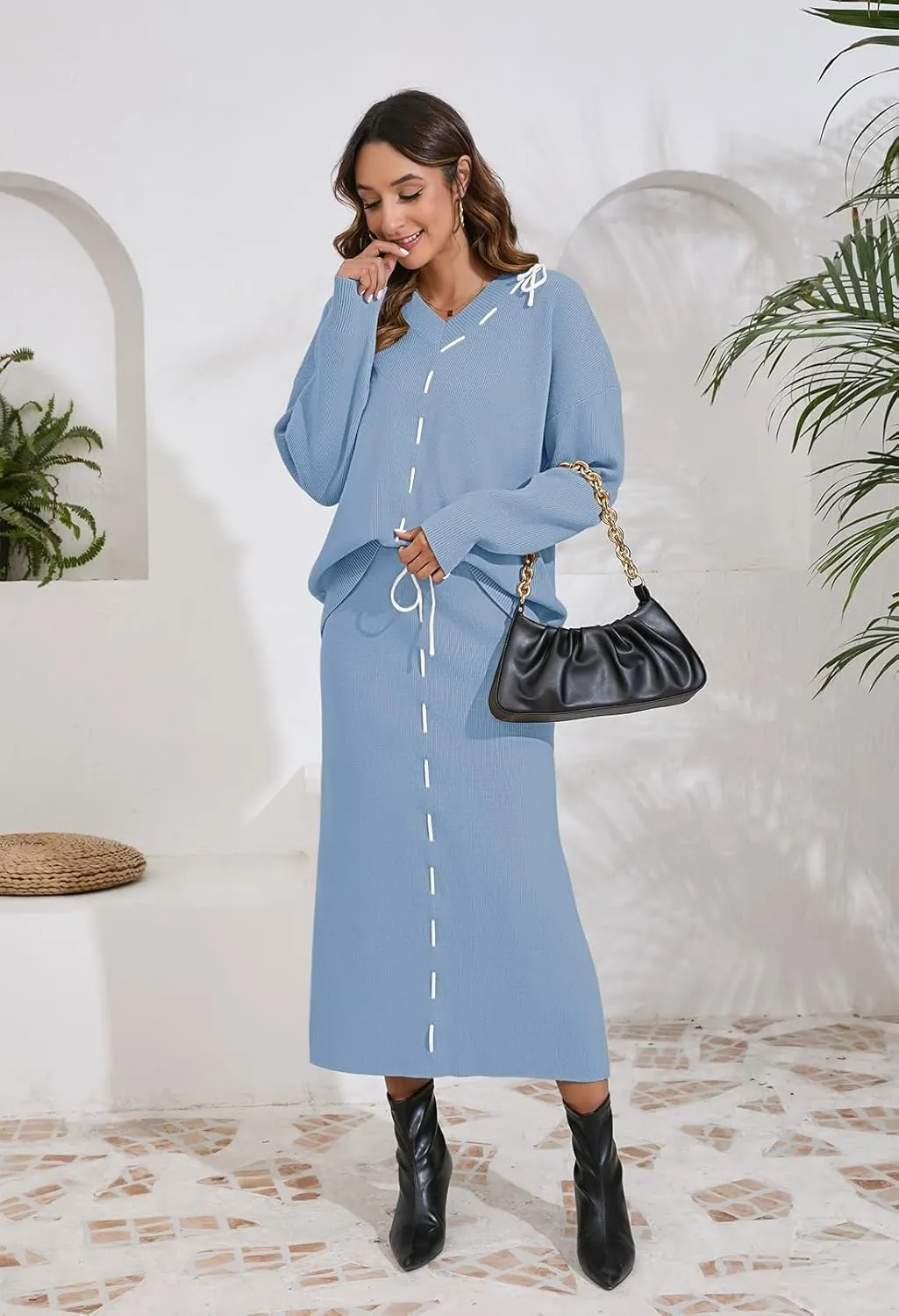 Pink Queen 2024 Women's 2 Piece Sweater Set V Neck Rib Knit Long Sleeve Maxi Bodycon Skirt Casual Outfits