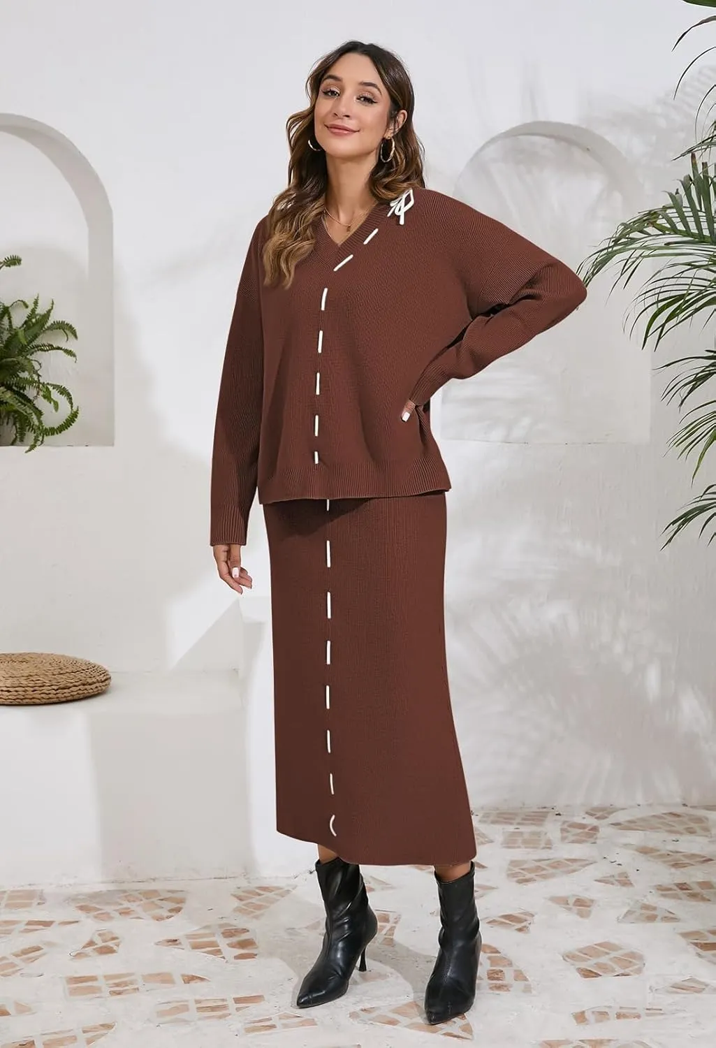 Pink Queen 2024 Women's 2 Piece Sweater Set V Neck Rib Knit Long Sleeve Maxi Bodycon Skirt Casual Outfits